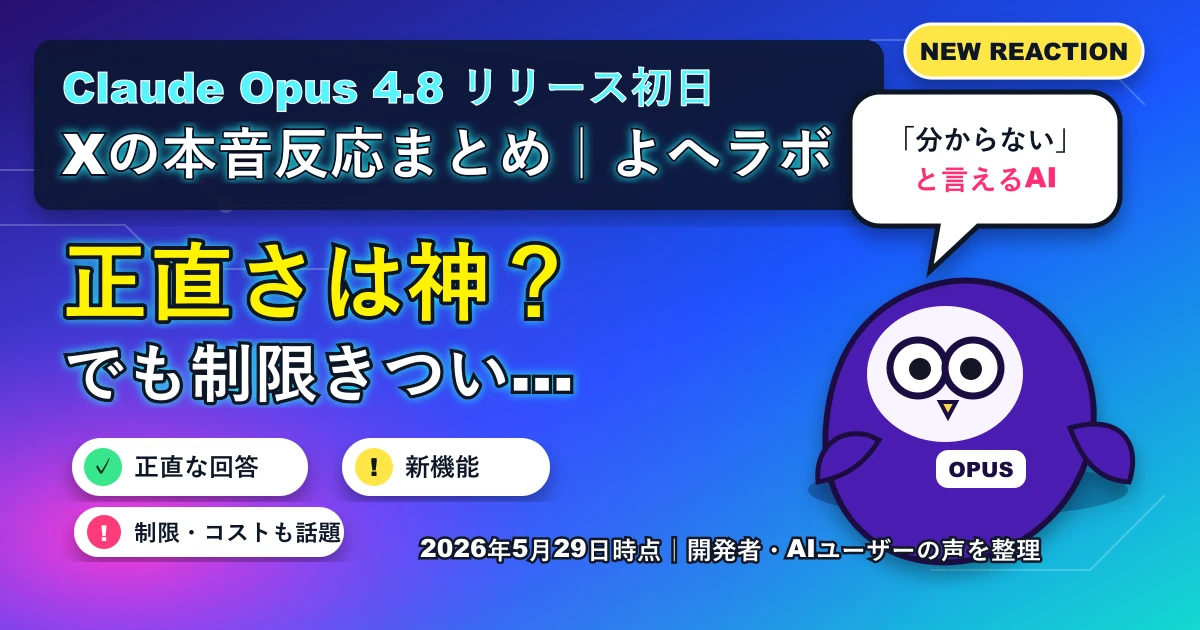 Claude Opus 4.8初日のX反応まとめ:正直さは神?制限きつい?|よへラボのアイキャッチ画像