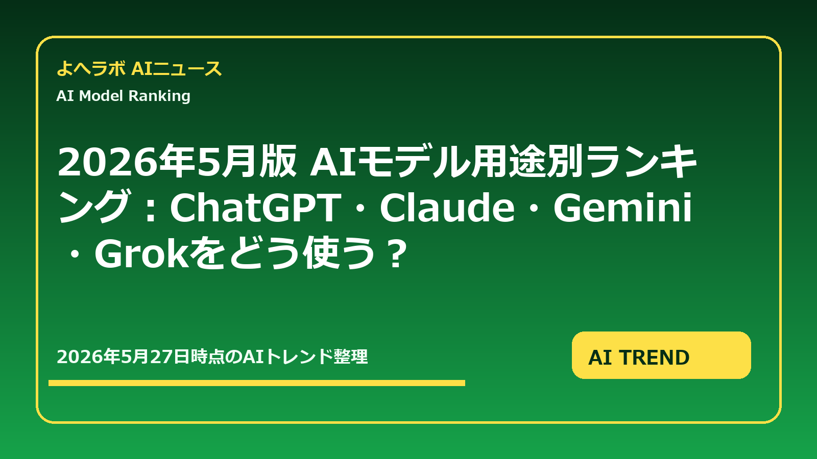 2026年5月版 AIモデル用途別ランキング:ChatGPT・Claude・Gemini・Grokをどう使う?のアイキャッチ画像